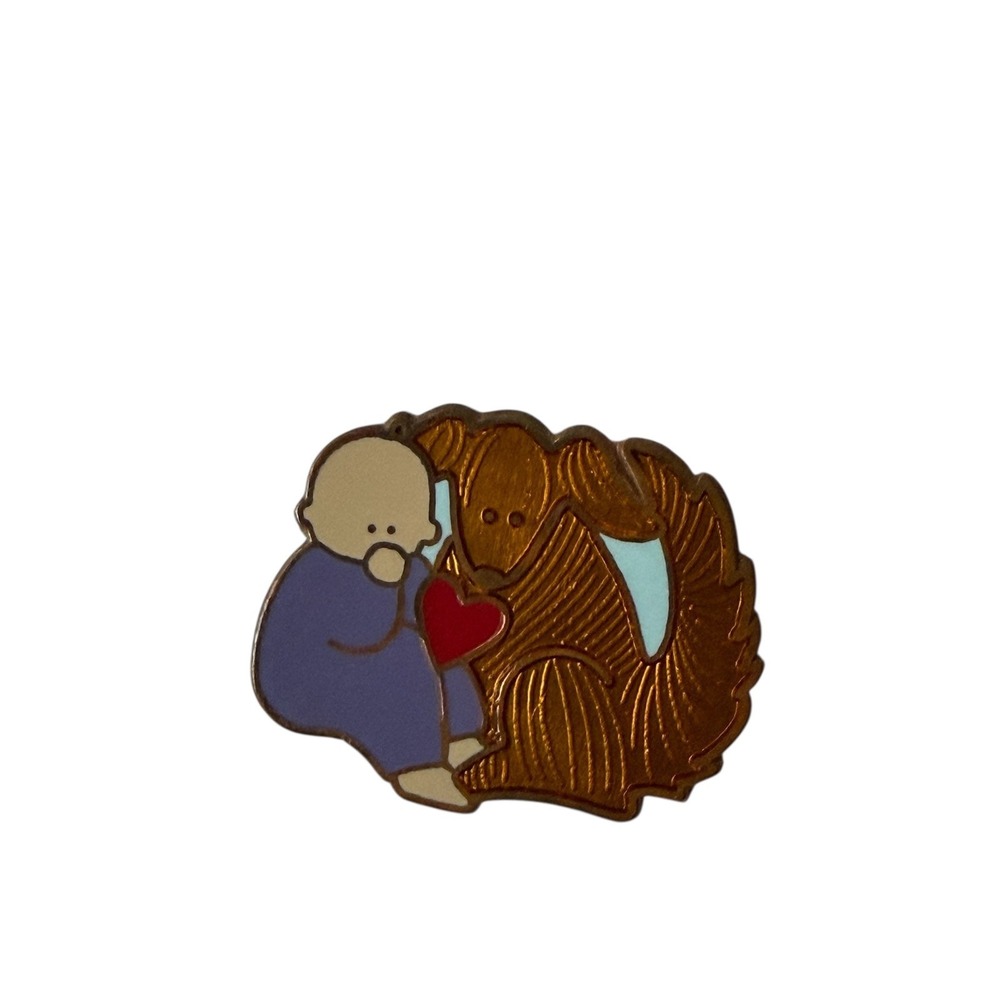 Vintage JONE, Inc Baby and Golden Dog Heart‎ Enamel Lapel Pin Gold Tone Cuddling